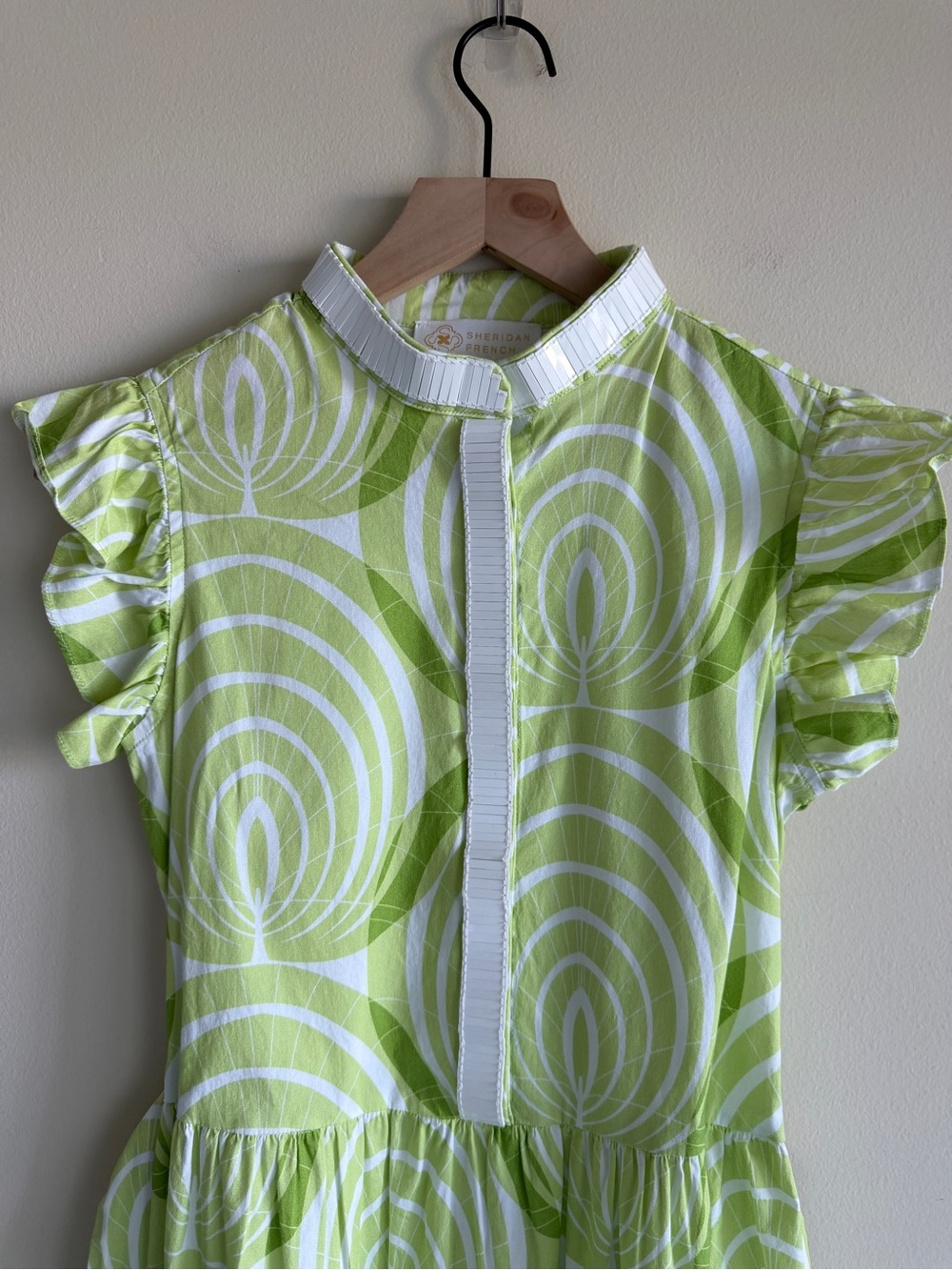 Sheridan French Lime Green White Print Maxi Dress XS Flutter Sleeve Belted - Picture 4 of 13